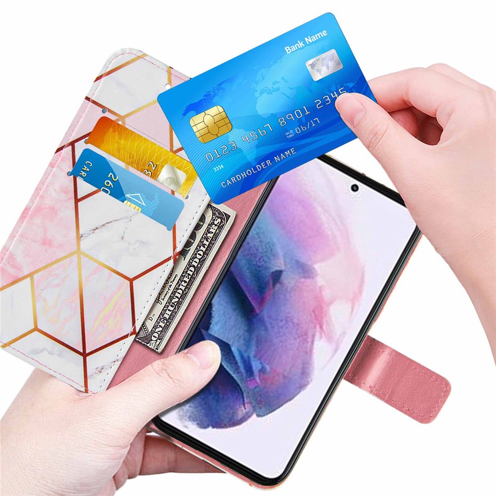 Marble Pattern Splicing Well-Protected Stylish Leather Case Wallet Stand Phone Cover with Handy Strap for Samsung Galaxy S22 - Pink/White-5