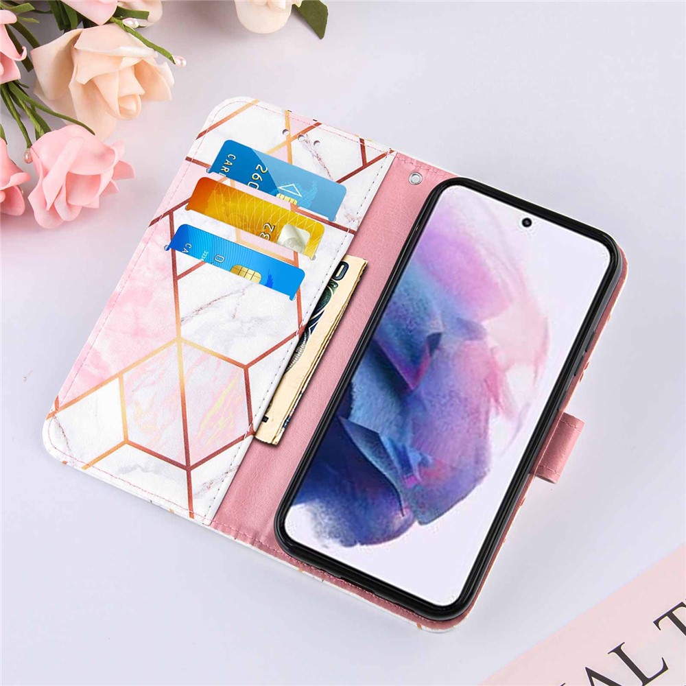 Marble Pattern Splicing Well-Protected Stylish Leather Case Wallet Stand Phone Cover with Handy Strap for Samsung Galaxy S22 - Pink/White-6