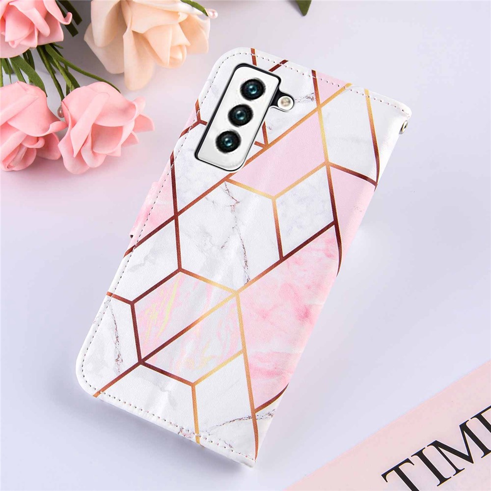 Marble Pattern Splicing Well-Protected Stylish Leather Case Wallet Stand Phone Cover with Handy Strap for Samsung Galaxy S22 - Pink/White-8