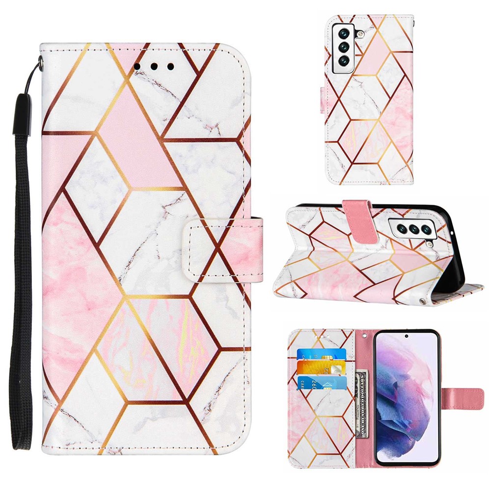 Marble Pattern Splicing Well-Protected Stylish Leather Case Wallet Stand Phone Cover with Handy Strap for Samsung Galaxy S22 - Pink/White-9