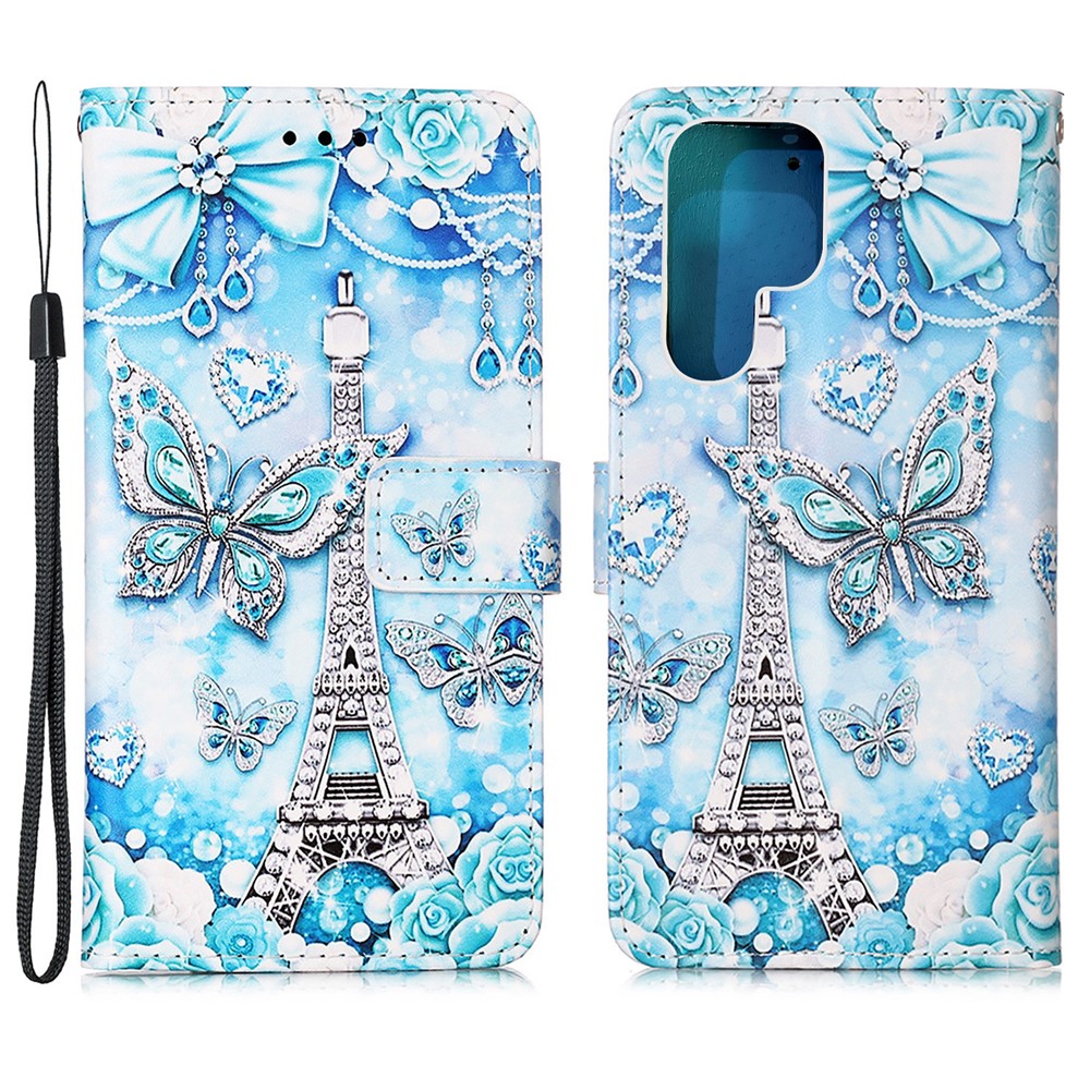 Shock Absorption Full Protection Pattern Printing Leather Case with Wallet Stand for Samsung Galaxy S22 Ultra - Eiffel Tower and Butterfly-1