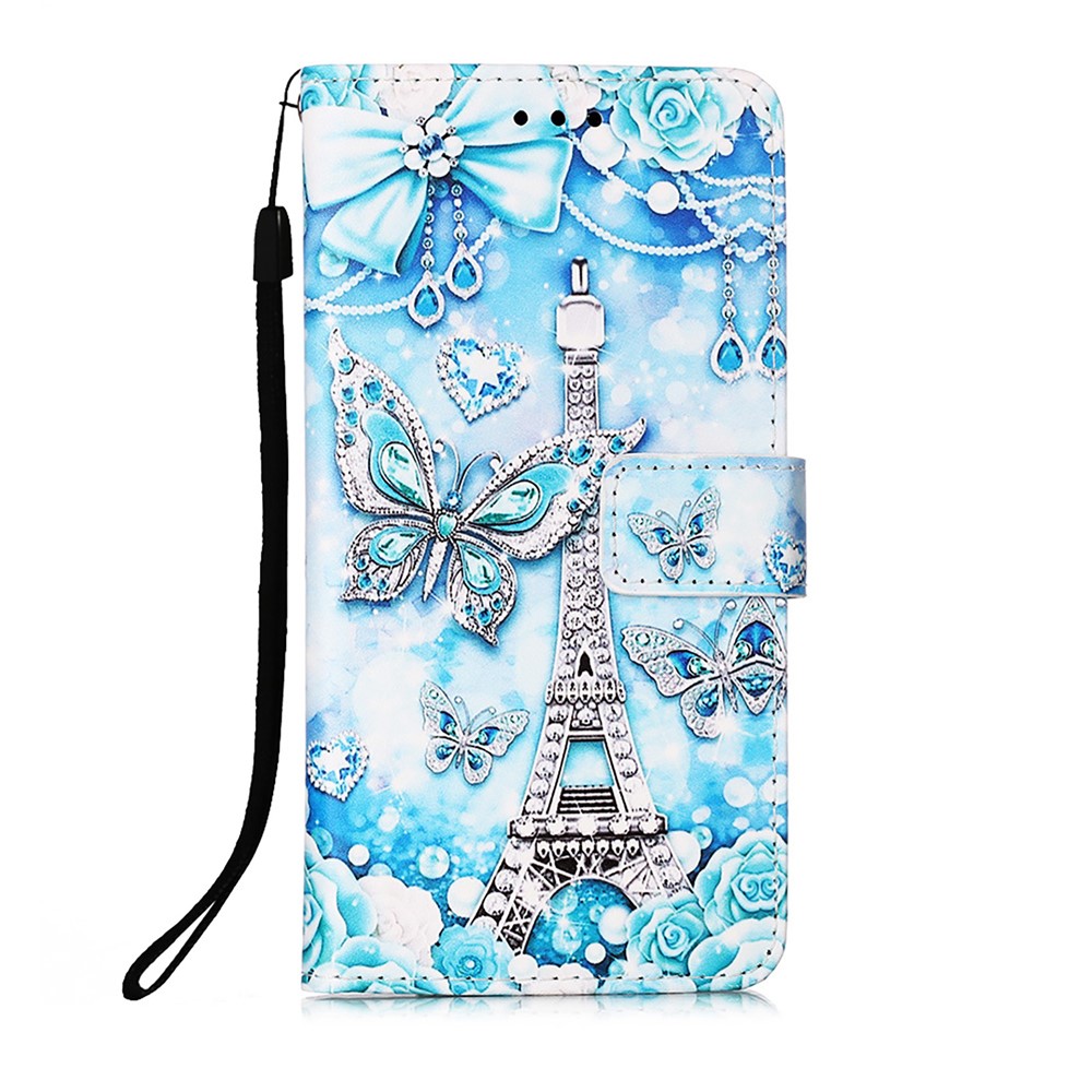 Shock Absorption Full Protection Pattern Printing Leather Case with Wallet Stand for Samsung Galaxy S22 Ultra - Eiffel Tower and Butterfly-2