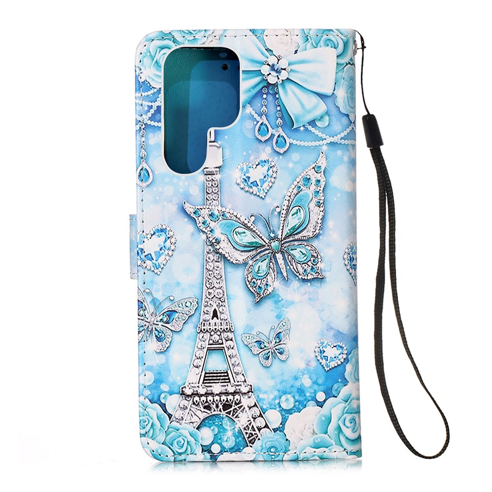 Shock Absorption Full Protection Pattern Printing Leather Case with Wallet Stand for Samsung Galaxy S22 Ultra - Eiffel Tower and Butterfly-3