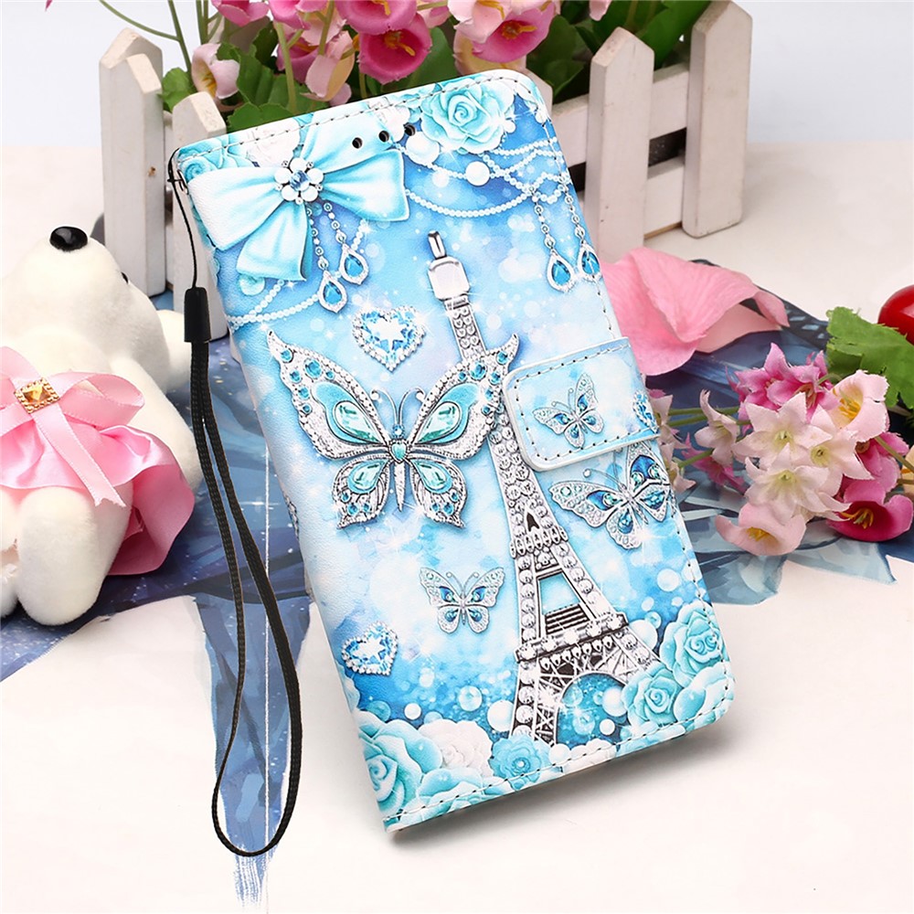 Shock Absorption Full Protection Pattern Printing Leather Case with Wallet Stand for Samsung Galaxy S22 Ultra - Eiffel Tower and Butterfly-6
