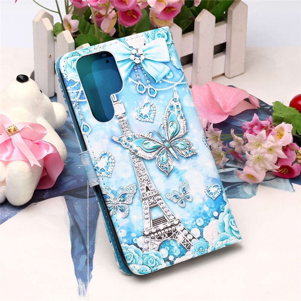 Shock Absorption Full Protection Pattern Printing Leather Case with Wallet Stand for Samsung Galaxy S22 Ultra - Eiffel Tower and Butterfly-7