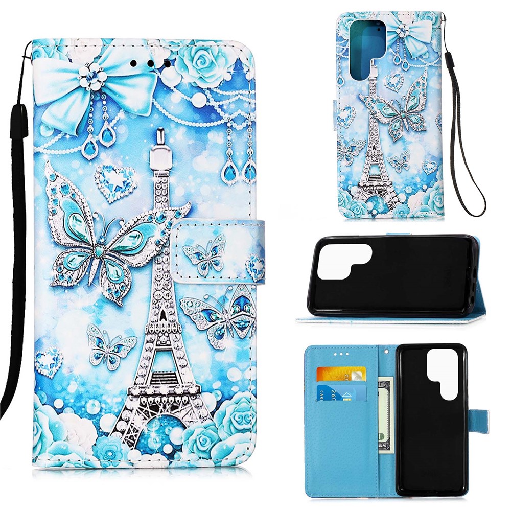 Shock Absorption Full Protection Pattern Printing Leather Case with Wallet Stand for Samsung Galaxy S22 Ultra - Eiffel Tower and Butterfly-8