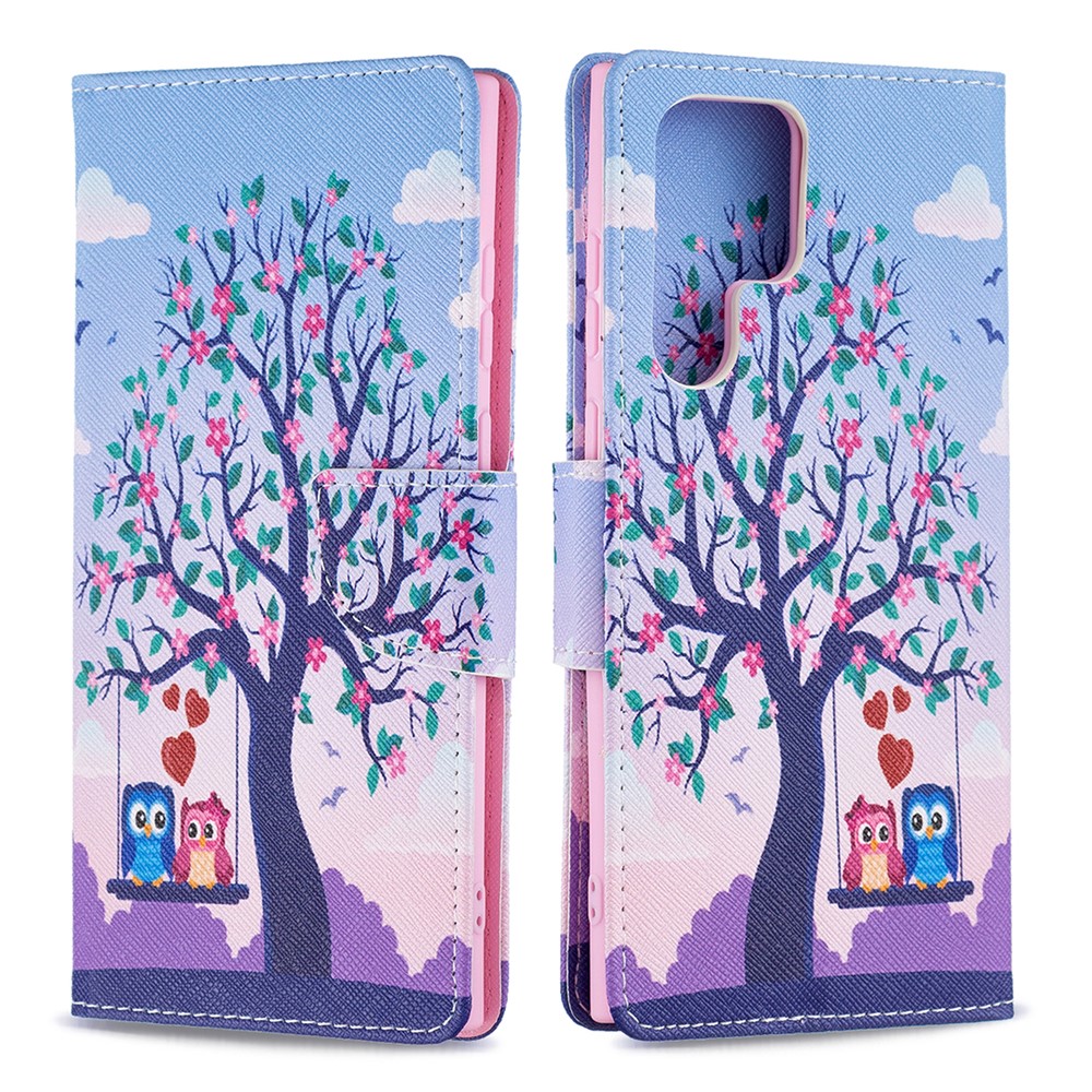Pattern Printing Magnetic Clasp Leather Cover Stand Wallet Protective Phone Case for Samsung Galaxy S22 Ultra - Two Owls-1