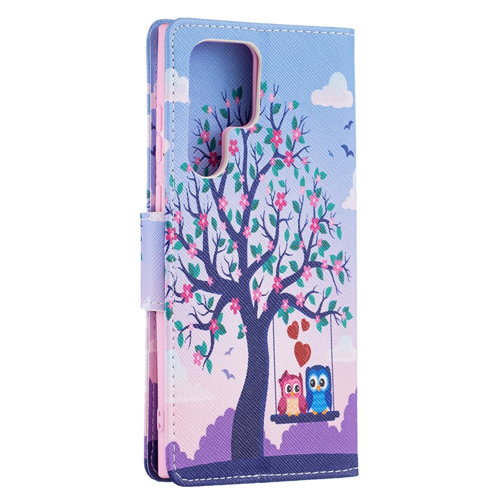 Pattern Printing Magnetic Clasp Leather Cover Stand Wallet Protective Phone Case for Samsung Galaxy S22 Ultra - Two Owls-3