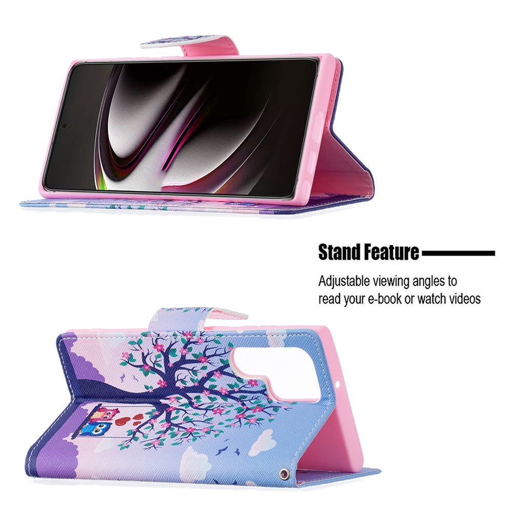 Pattern Printing Magnetic Clasp Leather Cover Stand Wallet Protective Phone Case for Samsung Galaxy S22 Ultra - Two Owls-4