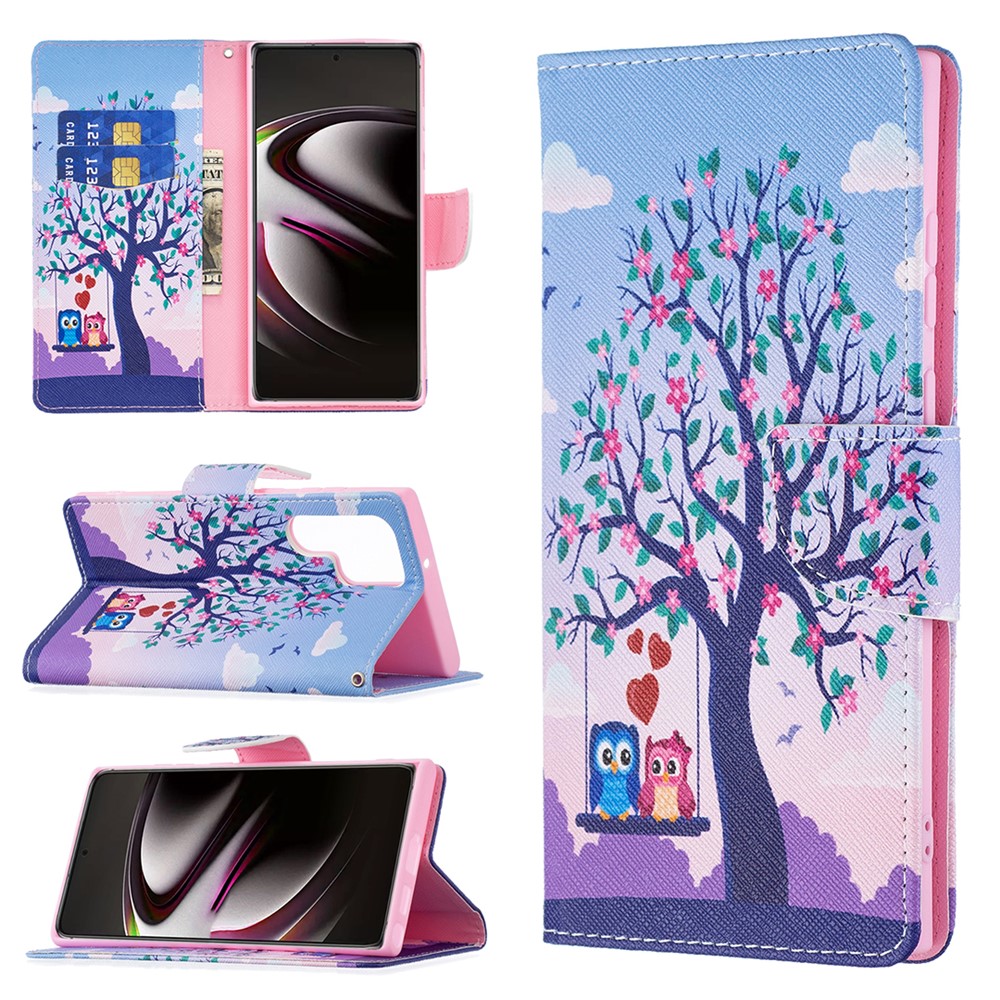 Pattern Printing Magnetic Clasp Leather Cover Stand Wallet Protective Phone Case for Samsung Galaxy S22 Ultra - Two Owls-8