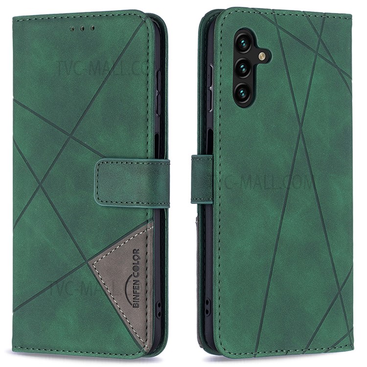 BINFEN COLOR BF05 Shockproof PU Leather and TPU Phone Case Stand Wallet Design Phone Cover with Geometric Imprint for Samsung Galaxy A13 5G - Green-1