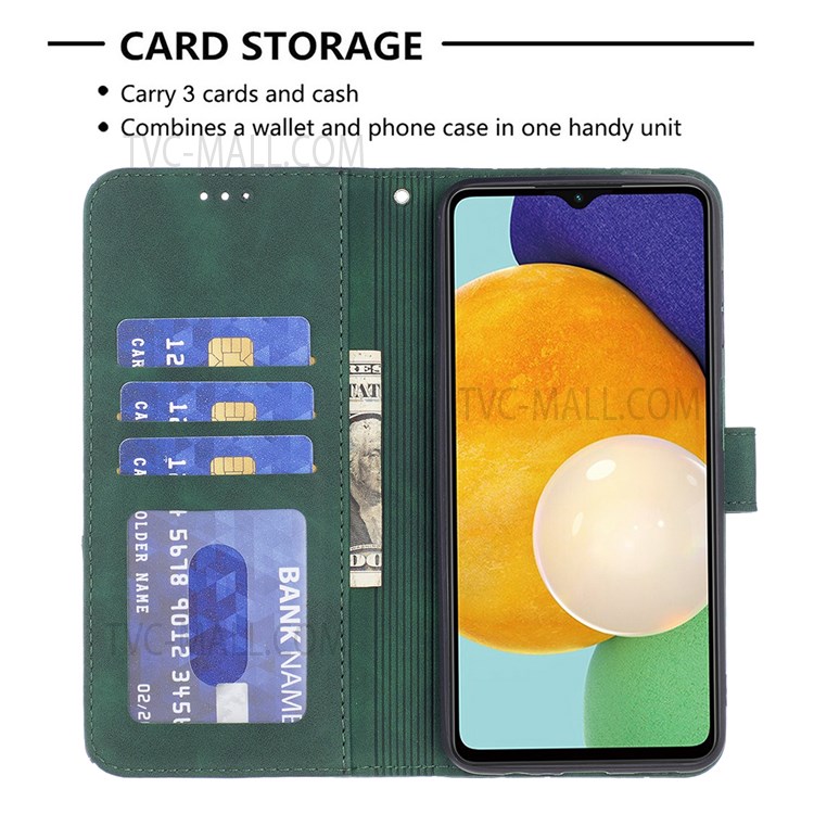 BINFEN COLOR BF05 Shockproof PU Leather and TPU Phone Case Stand Wallet Design Phone Cover with Geometric Imprint for Samsung Galaxy A13 5G - Green-3