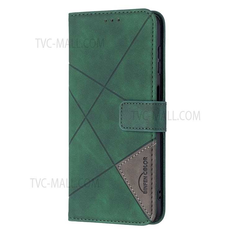 BINFEN COLOR BF05 Shockproof PU Leather and TPU Phone Case Stand Wallet Design Phone Cover with Geometric Imprint for Samsung Galaxy A13 5G - Green-4