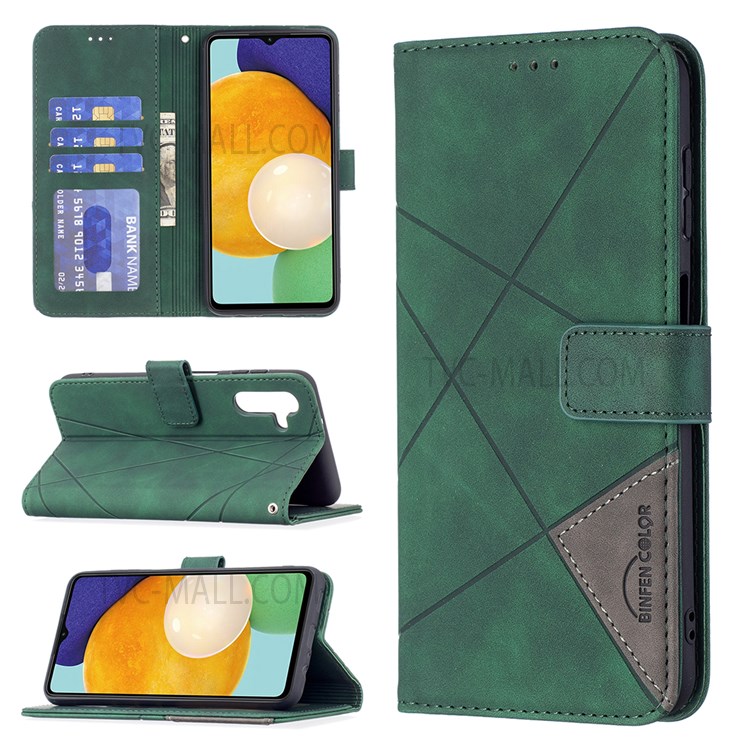 BINFEN COLOR BF05 Shockproof PU Leather and TPU Phone Case Stand Wallet Design Phone Cover with Geometric Imprint for Samsung Galaxy A13 5G - Green-6