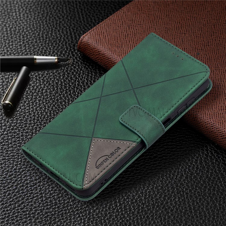 BINFEN COLOR BF05 Shockproof PU Leather and TPU Phone Case Stand Wallet Design Phone Cover with Geometric Imprint for Samsung Galaxy A13 5G - Green-7
