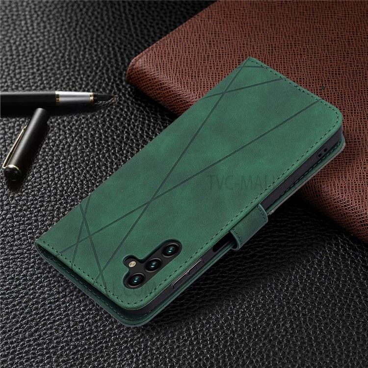BINFEN COLOR BF05 Shockproof PU Leather and TPU Phone Case Stand Wallet Design Phone Cover with Geometric Imprint for Samsung Galaxy A13 5G - Green-8
