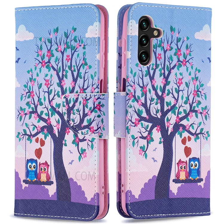 Pattern Printing Folio Flip Shock Absorption Leather Stand Wallet Phone Case for Samsung Galaxy A13 5G - Two Owls-1