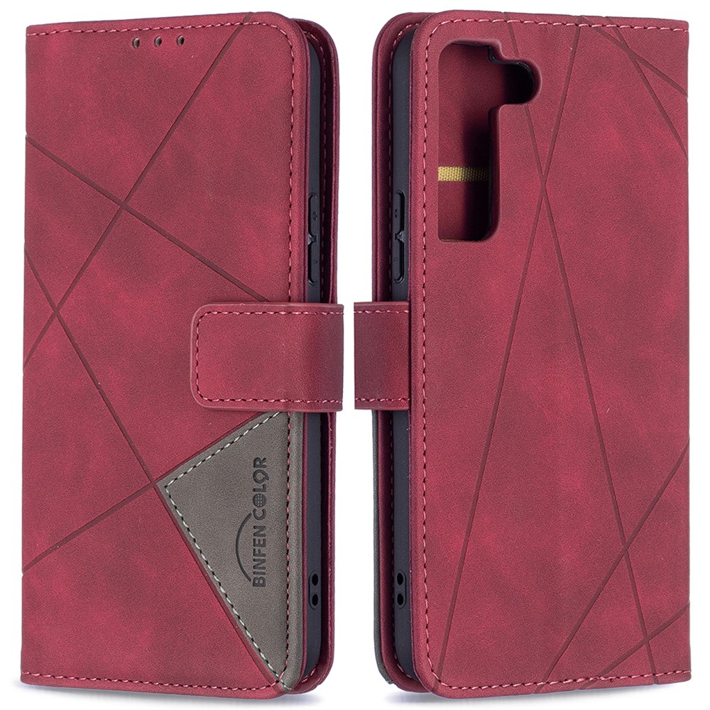 BINFEN COLOR BF05 Stylish Geometric Imprinted PU Leather Case Wallet Stand Flip Protective Cover for Samsung Galaxy S22 - Red-1