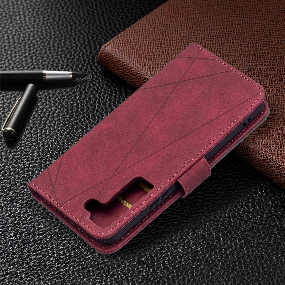 BINFEN COLOR BF05 Stylish Geometric Imprinted PU Leather Case Wallet Stand Flip Protective Cover for Samsung Galaxy S22 - Red-7
