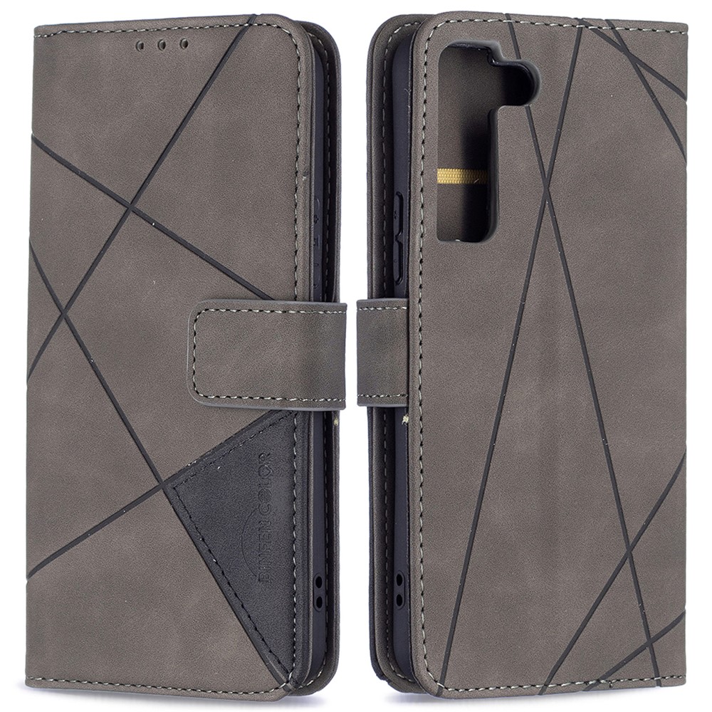 BINFEN COLOR BF05 Stylish Geometric Imprinted PU Leather Case Wallet Stand Flip Protective Cover for Samsung Galaxy S22 - Grey-1