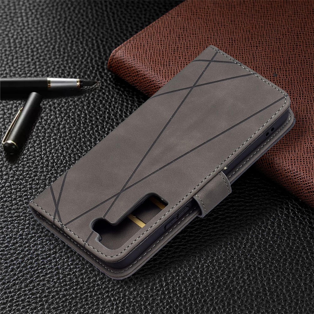 BINFEN COLOR BF05 Stylish Geometric Imprinted PU Leather Case Wallet Stand Flip Protective Cover for Samsung Galaxy S22 - Grey-7