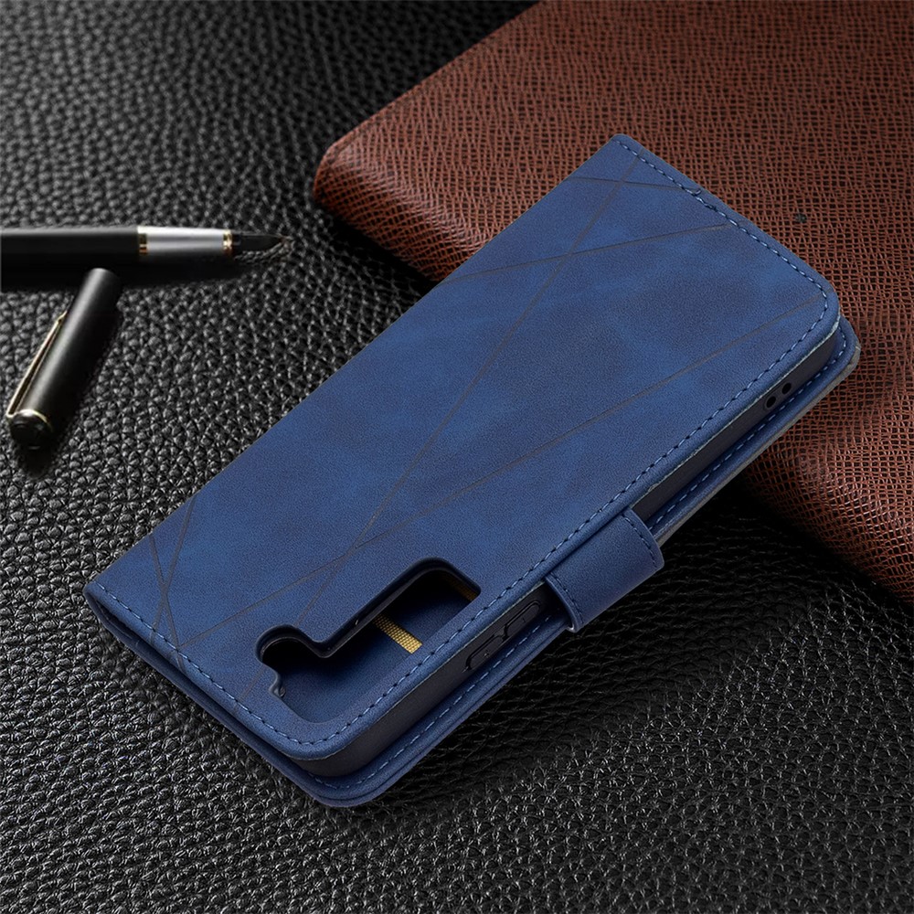 BINFEN COLOR BF05 Stylish Geometric Imprinted PU Leather Case Wallet Stand Flip Protective Cover for Samsung Galaxy S22 - Blue-7