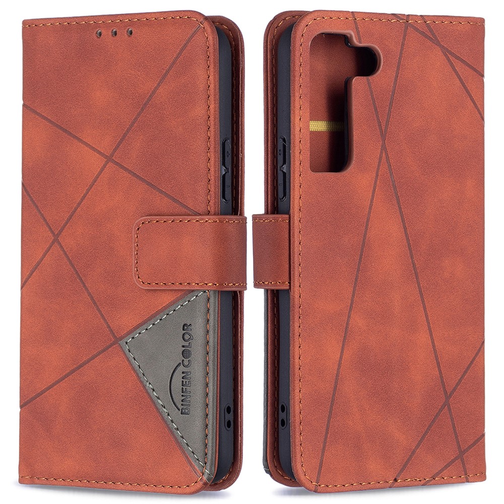 BINFEN COLOR BF05 Stylish Geometric Imprinted PU Leather Case Wallet Stand Flip Protective Cover for Samsung Galaxy S22 - Brown-1