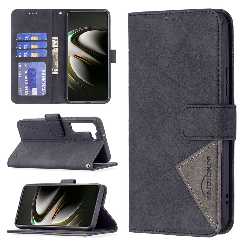 BINFEN COLOR BF05 Stylish Geometric Imprinted PU Leather Case Wallet Stand Flip Protective Cover for Samsung Galaxy S22 - Black-8
