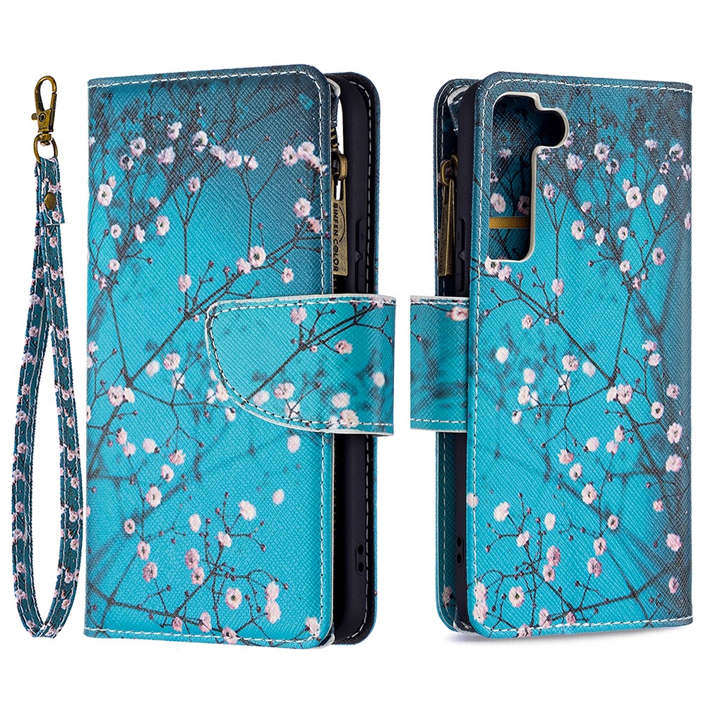BF03 Pattern Printing Stand Design Zipper Pocket Leather Case Stand Phone Cover with Hand Strap for Samsung Galaxy S22 - Plum Blossom-1