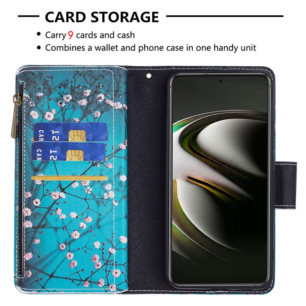 BF03 Pattern Printing Stand Design Zipper Pocket Leather Case Stand Phone Cover with Hand Strap for Samsung Galaxy S22 - Plum Blossom-3