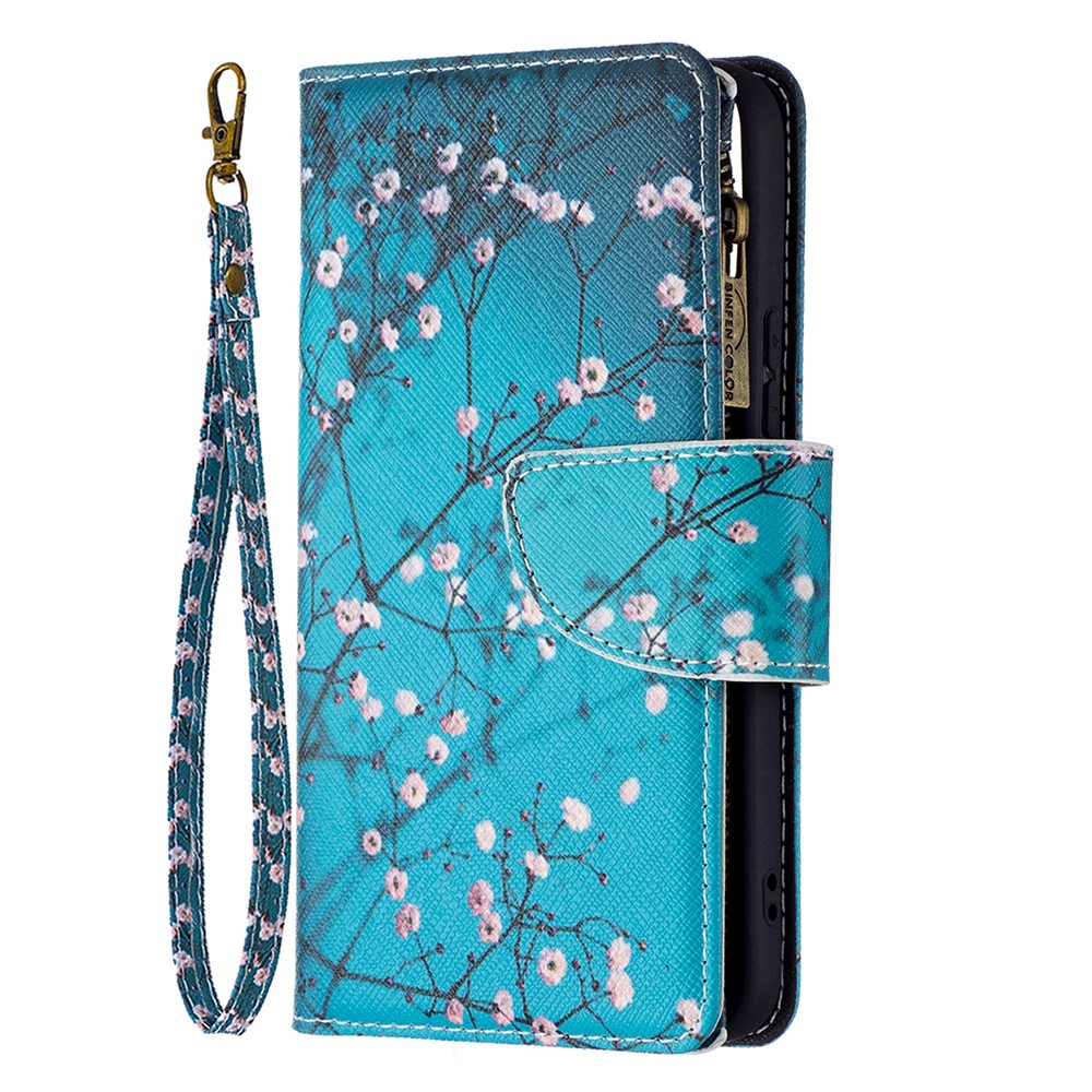 BF03 Pattern Printing Stand Design Zipper Pocket Leather Case Stand Phone Cover with Hand Strap for Samsung Galaxy S22 - Plum Blossom-4