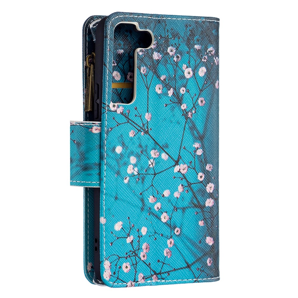 BF03 Pattern Printing Stand Design Zipper Pocket Leather Case Stand Phone Cover with Hand Strap for Samsung Galaxy S22 - Plum Blossom-5