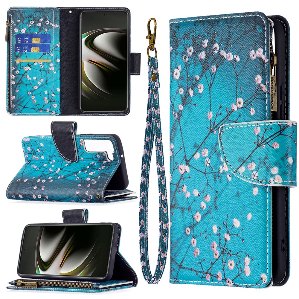 BF03 Pattern Printing Stand Design Zipper Pocket Leather Case Stand Phone Cover with Hand Strap for Samsung Galaxy S22 - Plum Blossom-6