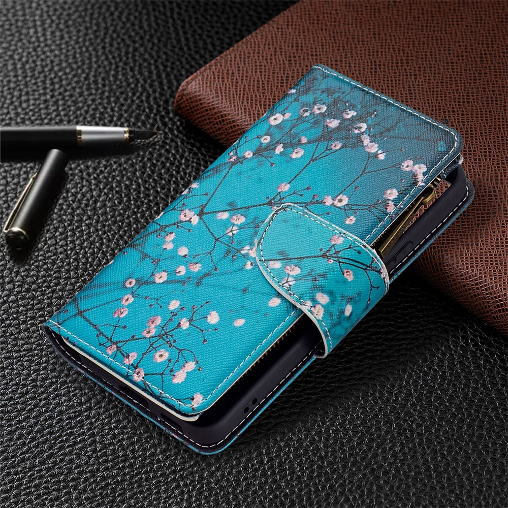 BF03 Pattern Printing Stand Design Zipper Pocket Leather Case Stand Phone Cover with Hand Strap for Samsung Galaxy S22 - Plum Blossom-7