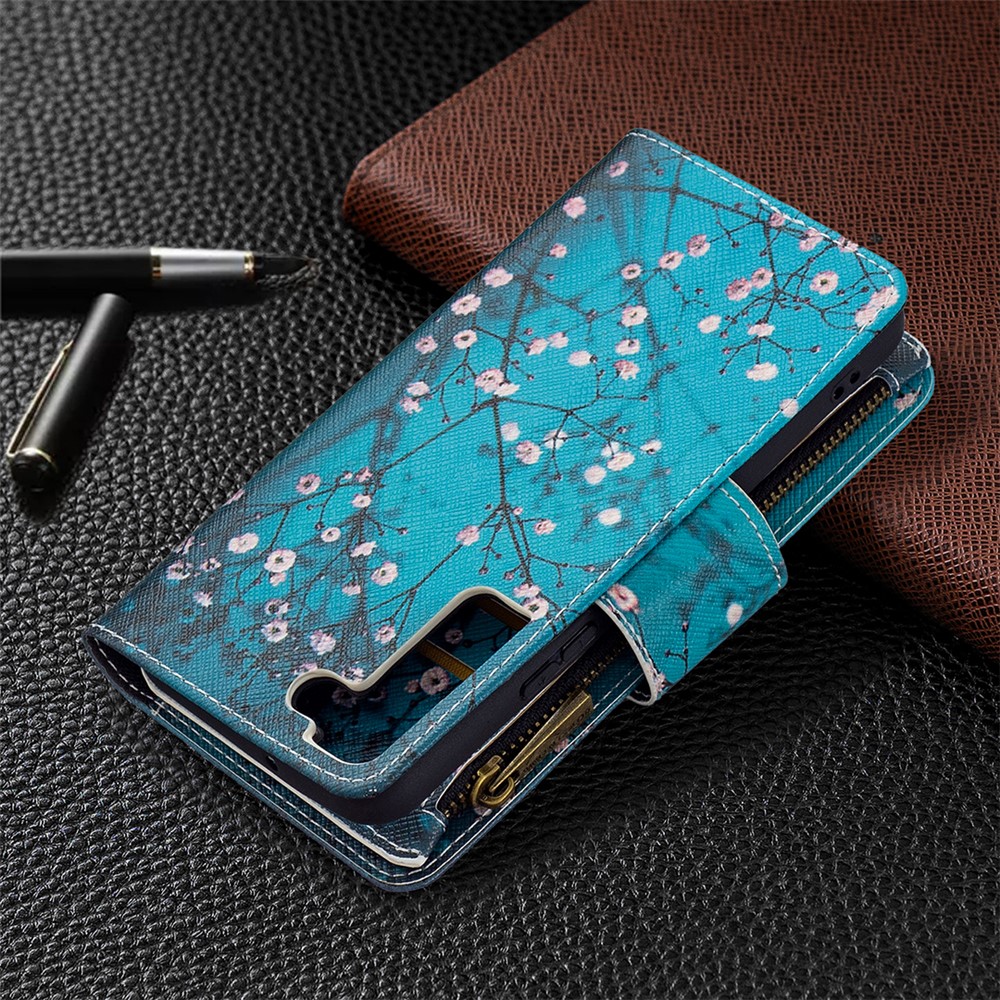 BF03 Pattern Printing Stand Design Zipper Pocket Leather Case Stand Phone Cover with Hand Strap for Samsung Galaxy S22 - Plum Blossom-8