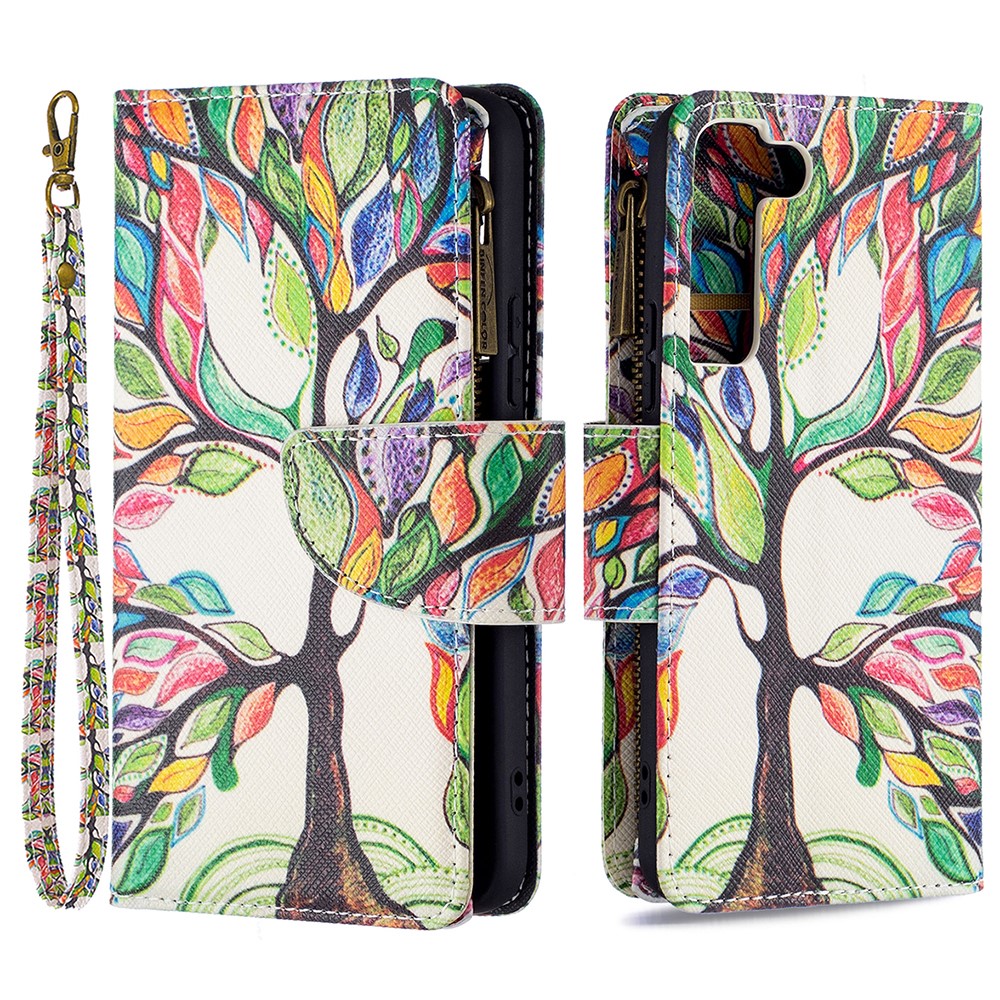 BF03 Pattern Printing Stand Design Zipper Pocket Leather Case Stand Phone Cover with Hand Strap for Samsung Galaxy S22 - Life Tree-1