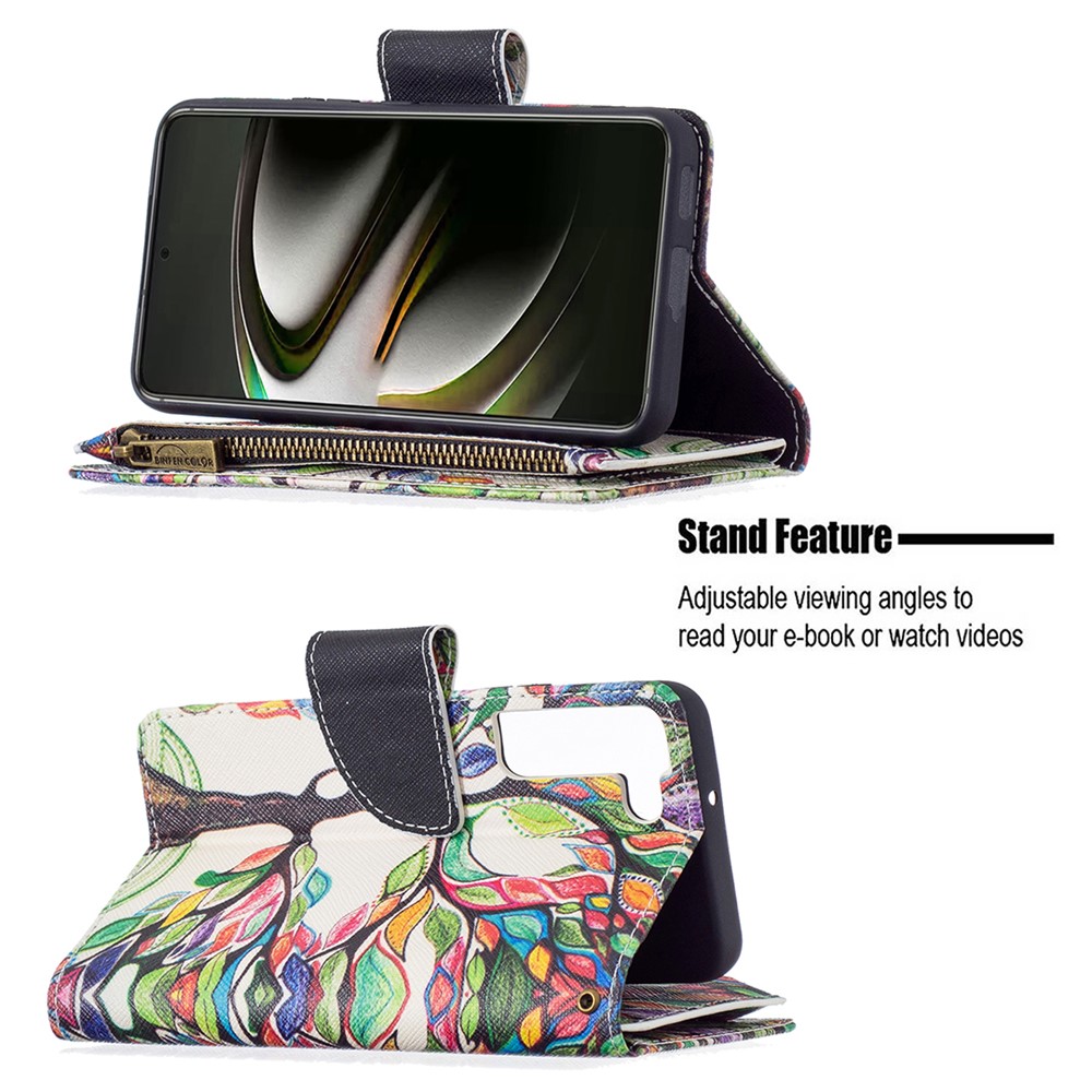 BF03 Pattern Printing Stand Design Zipper Pocket Leather Case Stand Phone Cover with Hand Strap for Samsung Galaxy S22 - Life Tree-2