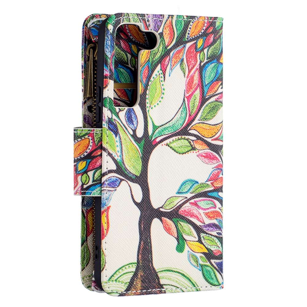 BF03 Pattern Printing Stand Design Zipper Pocket Leather Case Stand Phone Cover with Hand Strap for Samsung Galaxy S22 - Life Tree-5