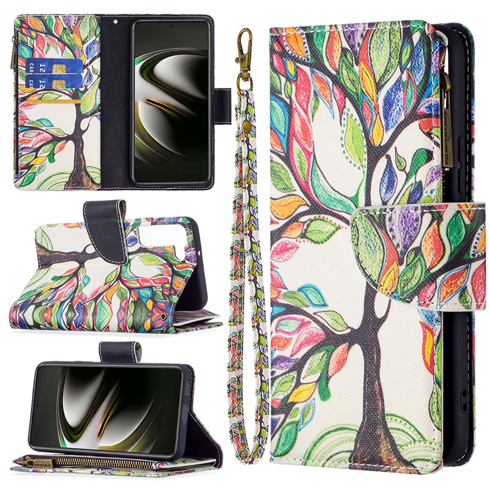 BF03 Pattern Printing Stand Design Zipper Pocket Leather Case Stand Phone Cover with Hand Strap for Samsung Galaxy S22 - Life Tree-6