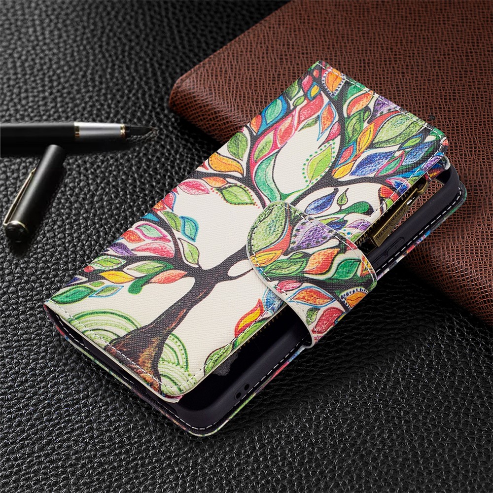 BF03 Pattern Printing Stand Design Zipper Pocket Leather Case Stand Phone Cover with Hand Strap for Samsung Galaxy S22 - Life Tree-7
