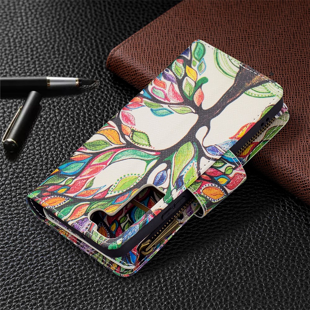 BF03 Pattern Printing Stand Design Zipper Pocket Leather Case Stand Phone Cover with Hand Strap for Samsung Galaxy S22 - Life Tree-8