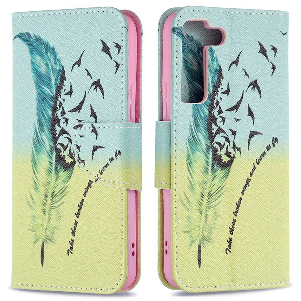 Stylish Pattern Printing PU Leather Wallet Case Stand Magnetic Closure Flip Cover for Samsung Galaxy S22 - Feather and Birds-1
