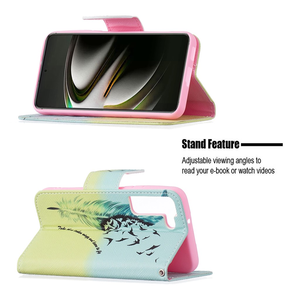 Stylish Pattern Printing PU Leather Wallet Case Stand Magnetic Closure Flip Cover for Samsung Galaxy S22 - Feather and Birds-2