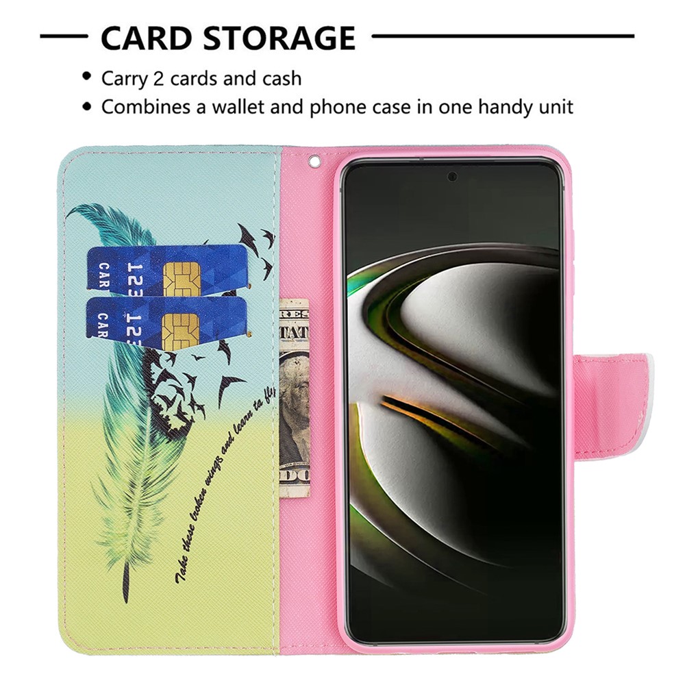 Stylish Pattern Printing PU Leather Wallet Case Stand Magnetic Closure Flip Cover for Samsung Galaxy S22 - Feather and Birds-3