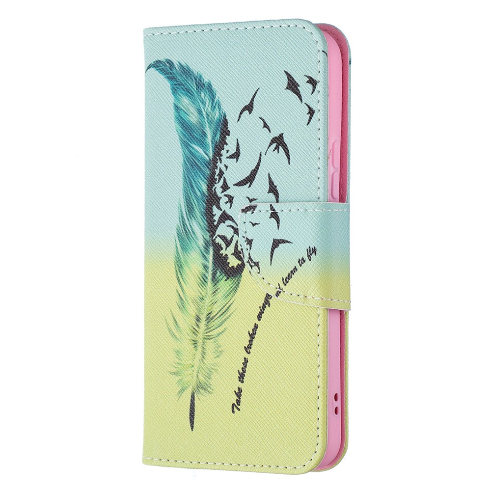 Stylish Pattern Printing PU Leather Wallet Case Stand Magnetic Closure Flip Cover for Samsung Galaxy S22 - Feather and Birds-4