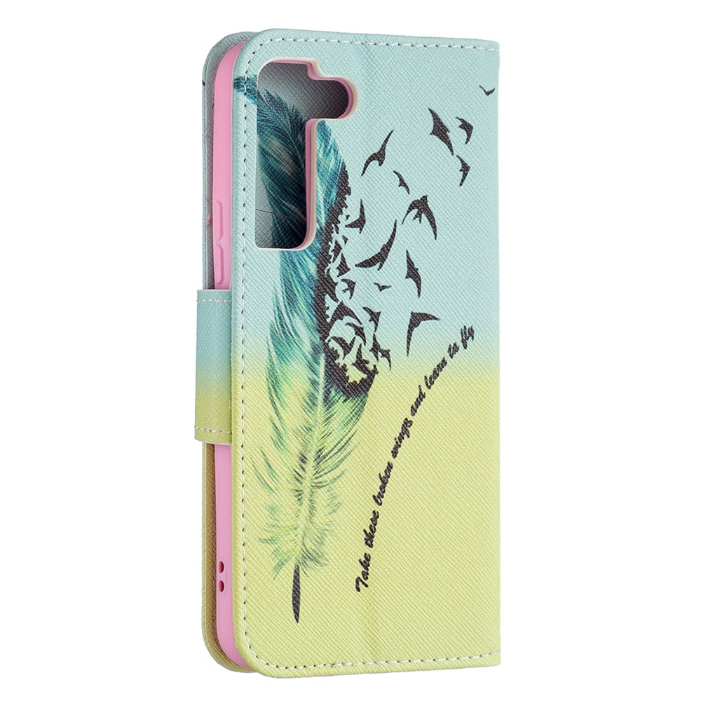 Stylish Pattern Printing PU Leather Wallet Case Stand Magnetic Closure Flip Cover for Samsung Galaxy S22 - Feather and Birds-5