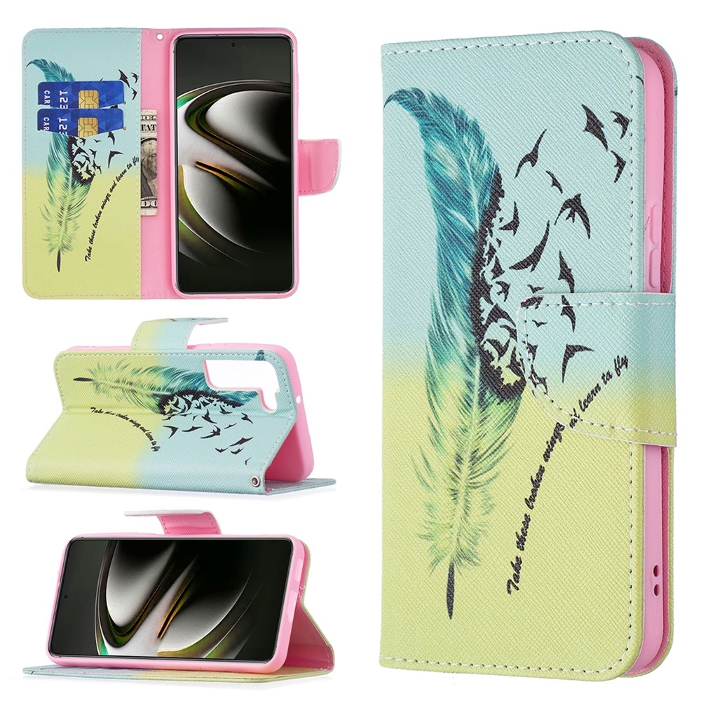 Stylish Pattern Printing PU Leather Wallet Case Stand Magnetic Closure Flip Cover for Samsung Galaxy S22 - Feather and Birds-8