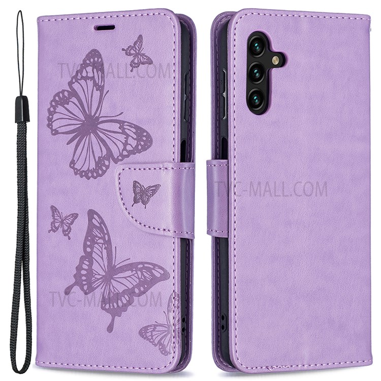 Phone Shell Imprint Butterfly Pattern Stylish Full Protection Stand Wallet Leather Cover with Strap for Samsung Galaxy A13 5G - Purple-1