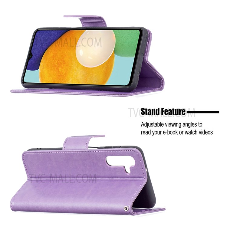 Phone Shell Imprint Butterfly Pattern Stylish Full Protection Stand Wallet Leather Cover with Strap for Samsung Galaxy A13 5G - Purple-2