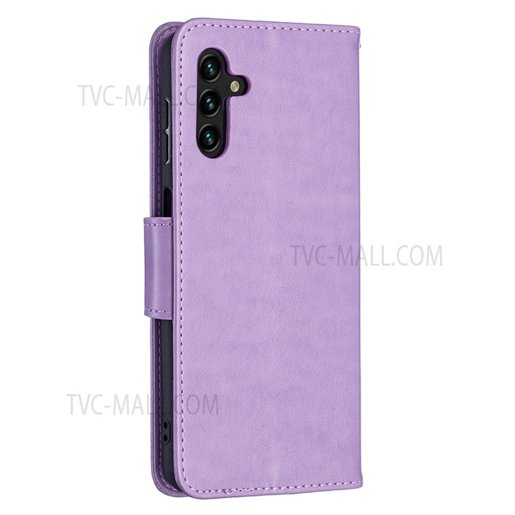 Phone Shell Imprint Butterfly Pattern Stylish Full Protection Stand Wallet Leather Cover with Strap for Samsung Galaxy A13 5G - Purple-5